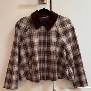 Zara Brown & Cream Plaid Cape Jacket with Dark Brown Collar